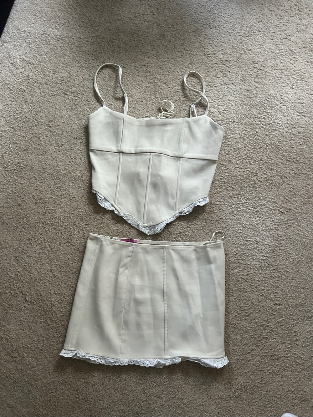 Edikted Beige Lace-Trim Mini Skirt and corset top- Women set